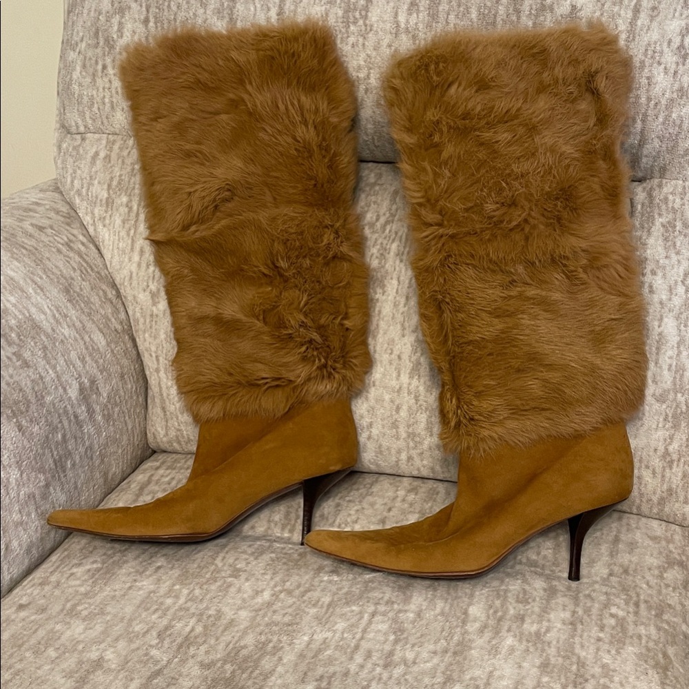 Walter Steiger Tan Suede and Fur Heeled Boots; size 39